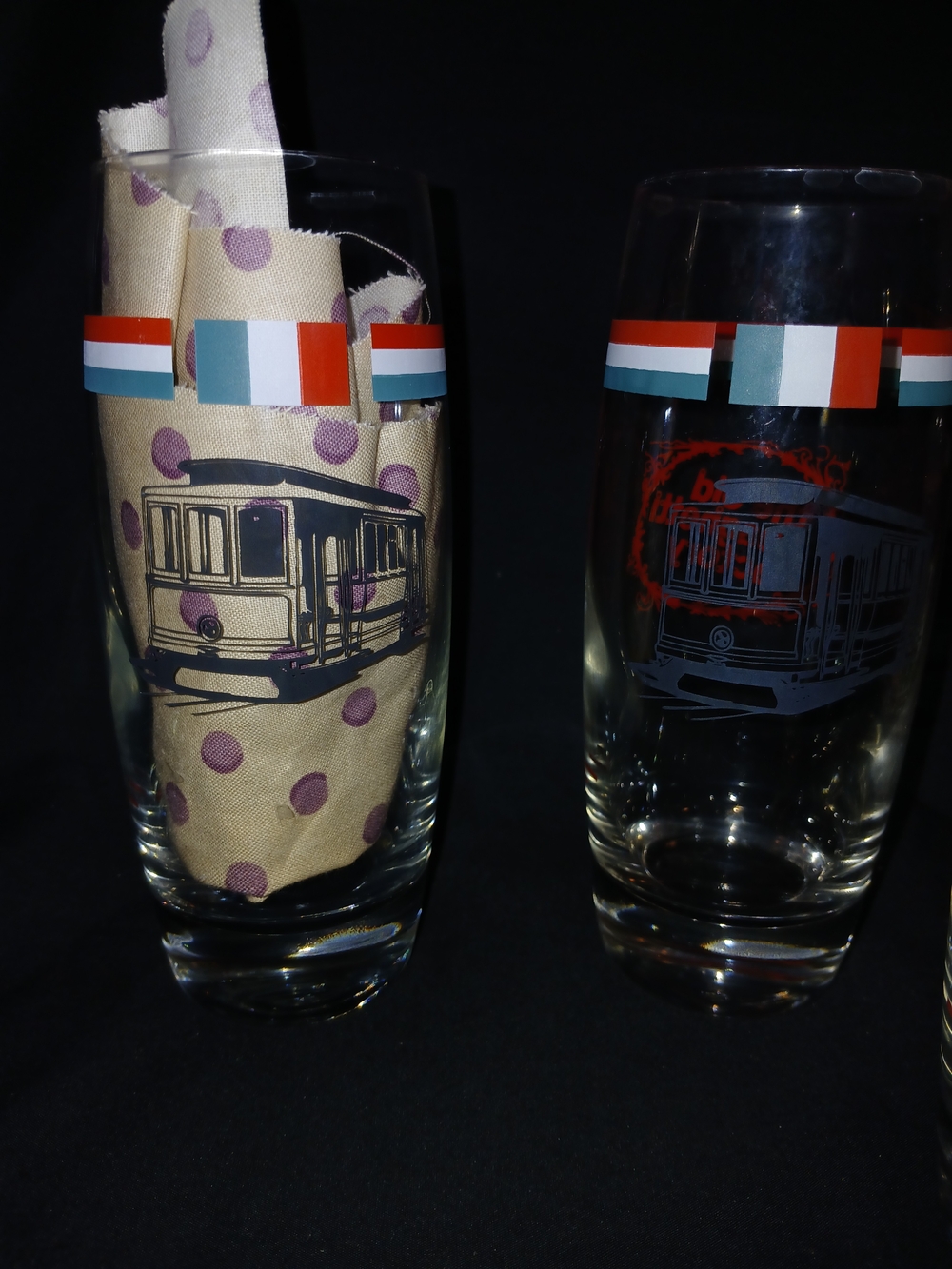 Vintage Tram-Print Tall Drinking Glasses in Red and Teal - Pair